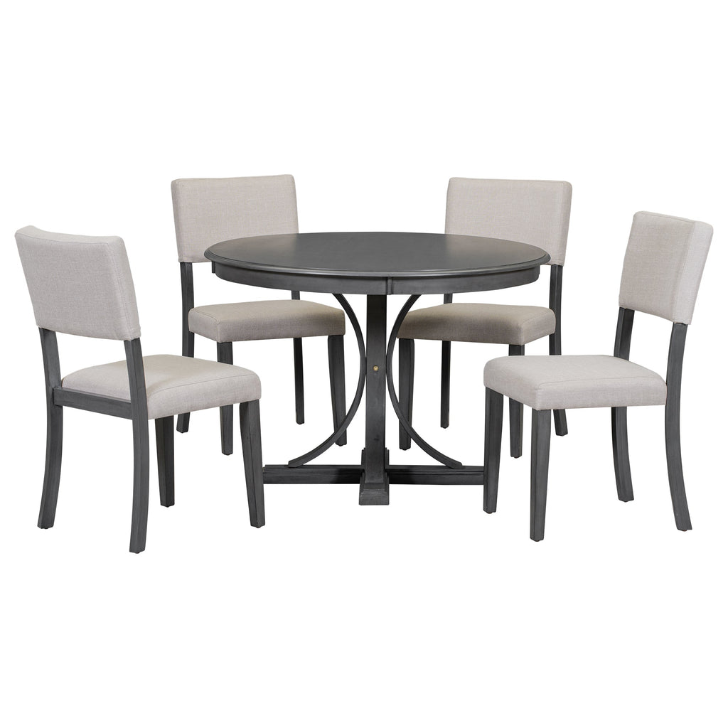 TREXM Five Piece Retro Round Dining Table Set with Curved Brackets and 4 Restaurant Cushioned Chairs (Dark Gray)