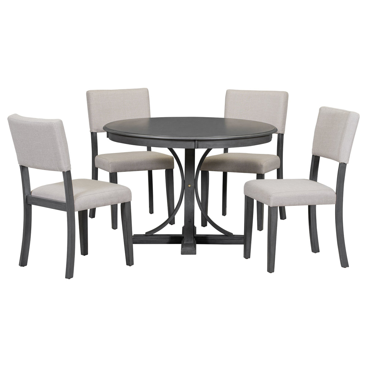 TREXM Five Piece Retro Round Dining Table Set with Curved Brackets and 4 Restaurant Cushioned Chairs (Dark Gray)