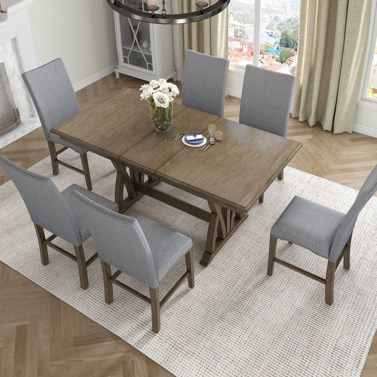 TOPMAX Mid Century Solid Wood 7-Piece Expandable Dining Table Set with Soft Cushioned Chair, Gold Brown+Gray Cushions