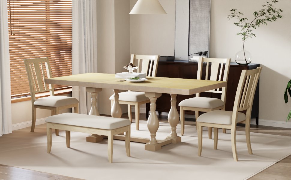 Traditional 6-Piece 78inch Trestle Extendable Dining Table Set with One 18inch Removable Leaf Padded Dining Chairs Bench,Natural