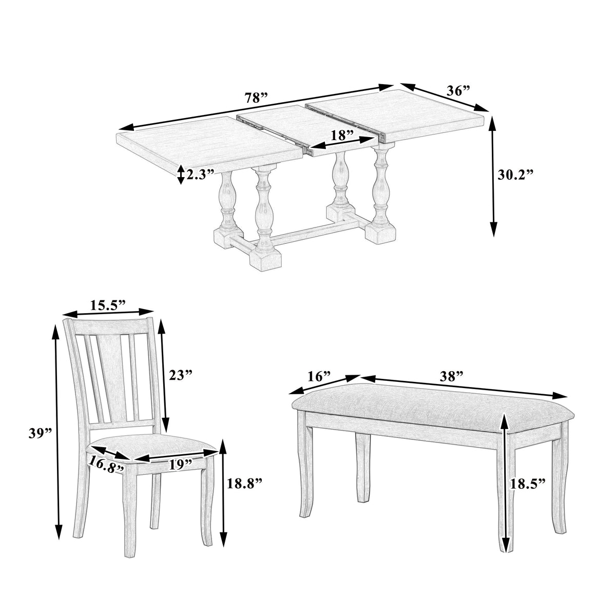 Traditional 6-Piece 78inch Trestle Extendable Dining Table Set with One 18inch Removable Leaf Padded Dining Chairs Bench,Natural