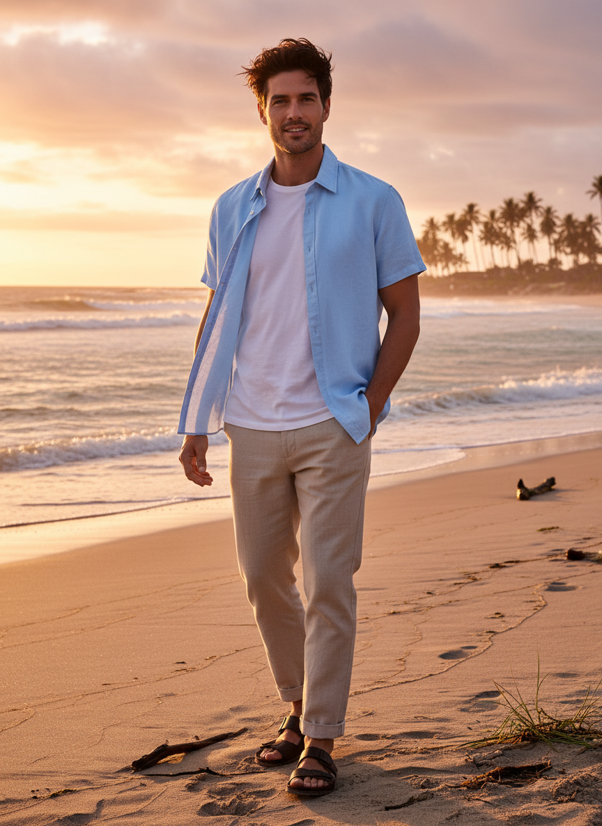 Men's Regular Fit Short Sleeve 100% Linen Shirt