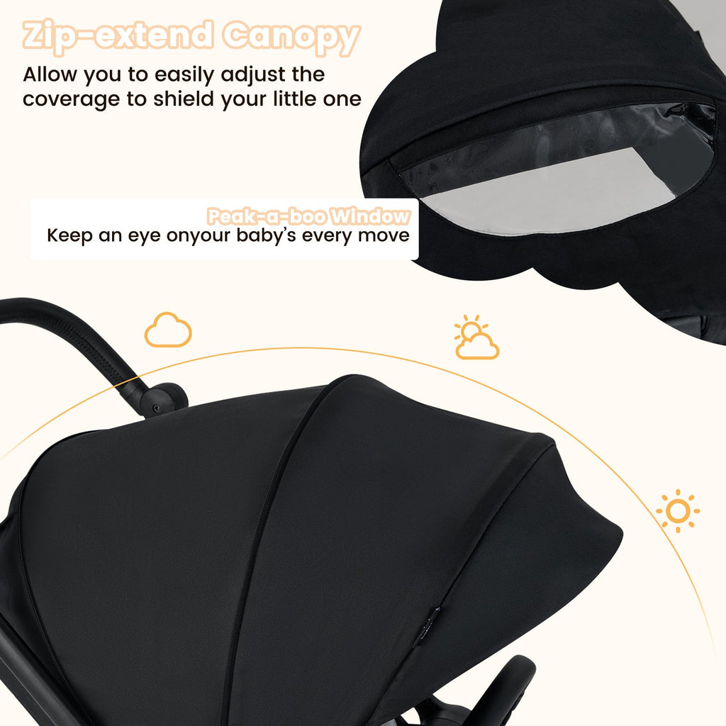 Foldable Infant Pram Stroller with Reversible Seat Reclining Backrest-Black