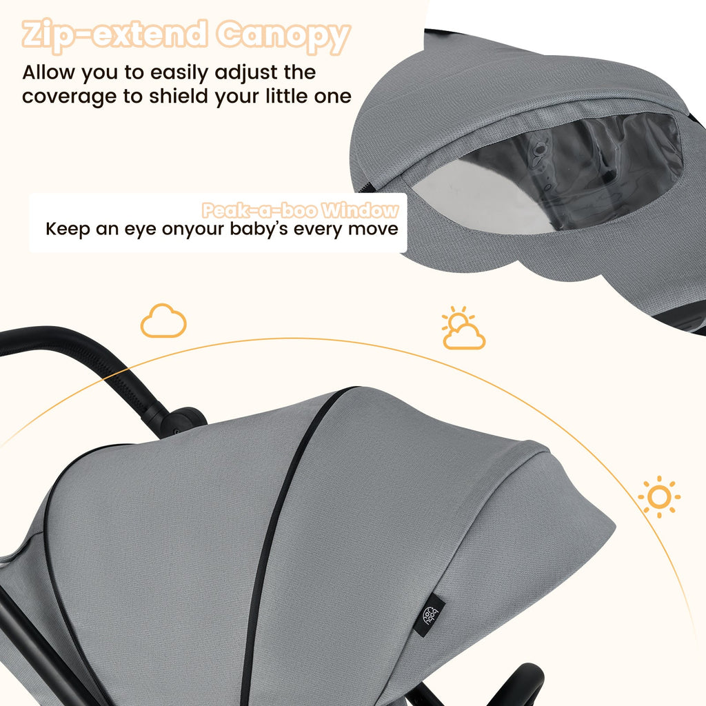Foldable Infant Pram Stroller with Reversible Seat Reclining Backrest-Gray