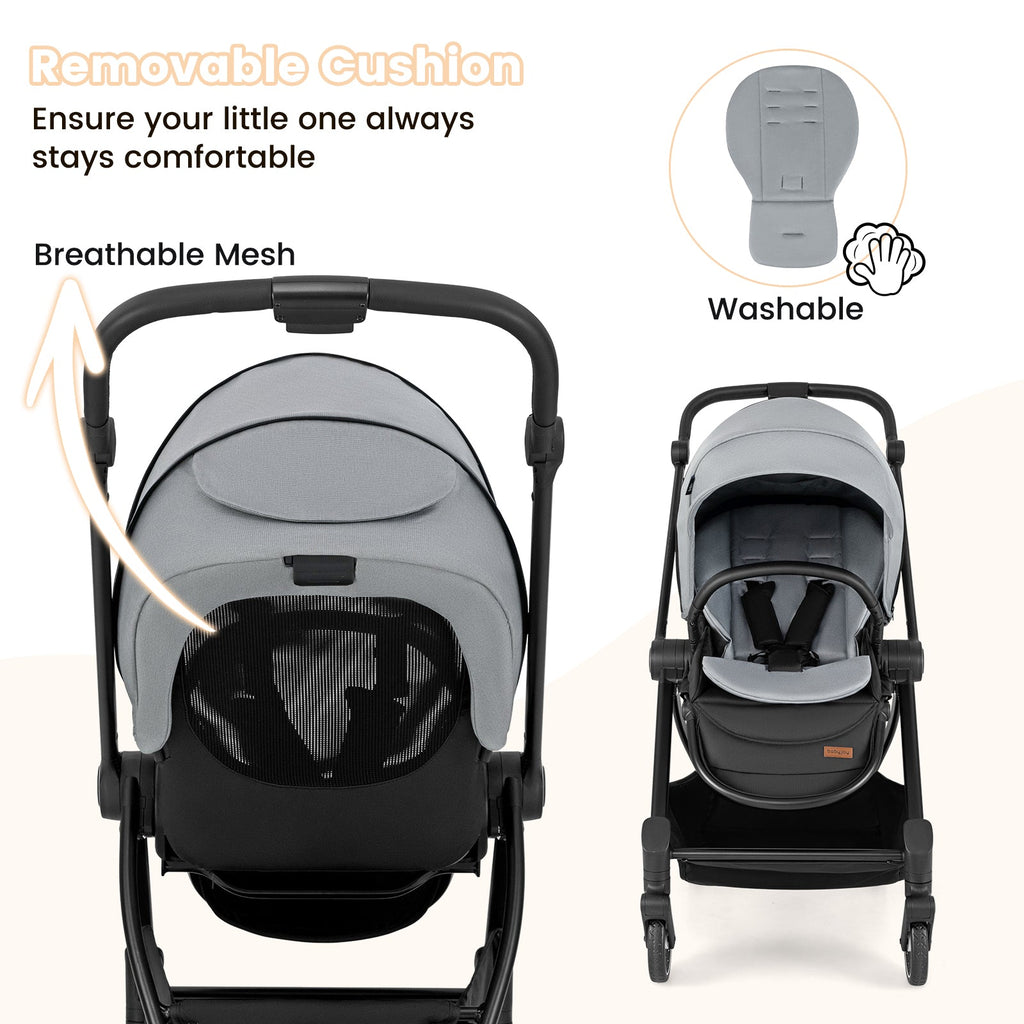 Foldable Infant Pram Stroller with Reversible Seat Reclining Backrest-Gray