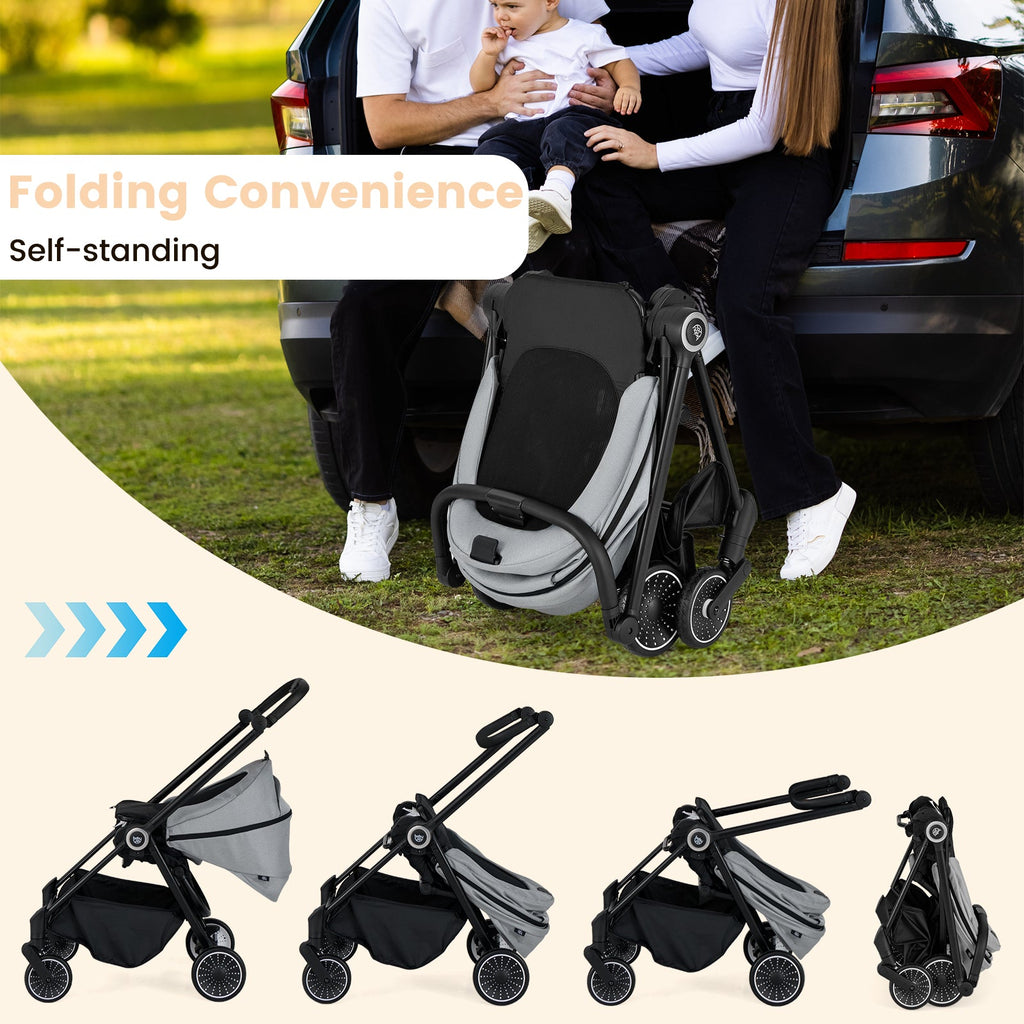 Foldable Infant Pram Stroller with Reversible Seat Reclining Backrest-Gray