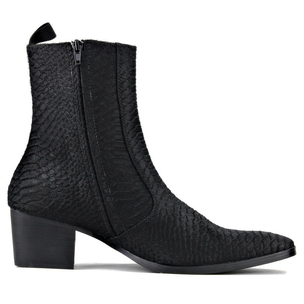 OSSTONE Men Chelsea Ankle Boots Leather Pony Hair Heeled Boots With Side Zipper Cuban Heel Dress Boots Disco Shoes OS-JY021-A