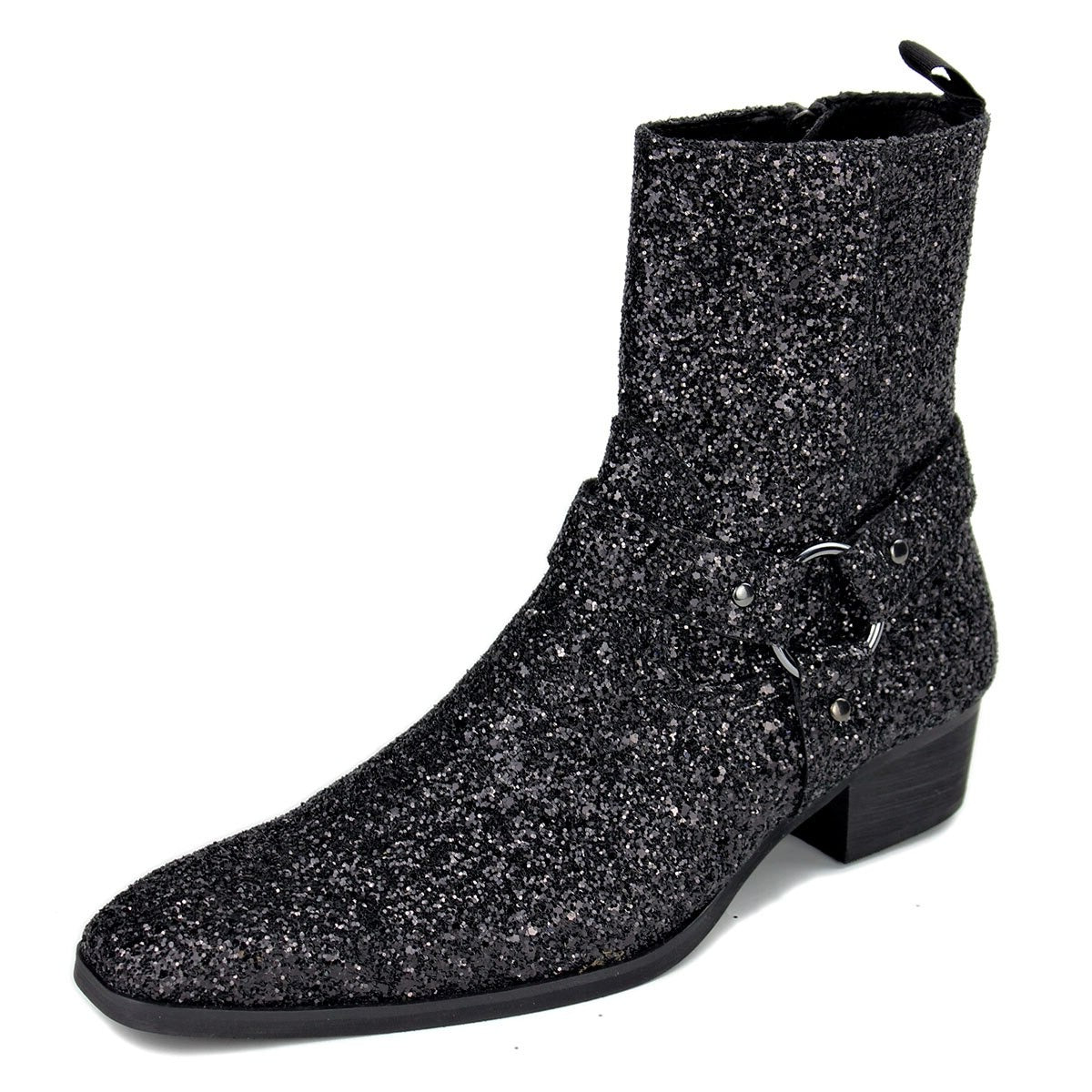 OSSTONE Men Chelsea Ankle Boots Leather Heeled Boots With Side Zipper Cuban Heel Dress Boots Disco Shoes OS-JY015-BLCK