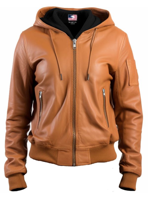 Women's Tan Hooded Leather Bomber Jacket