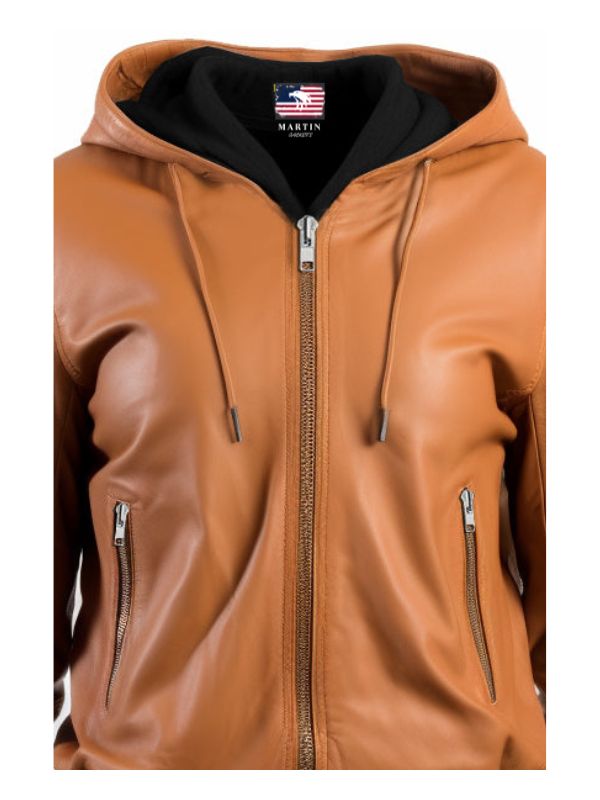 Women's Tan Hooded Leather Bomber Jacket