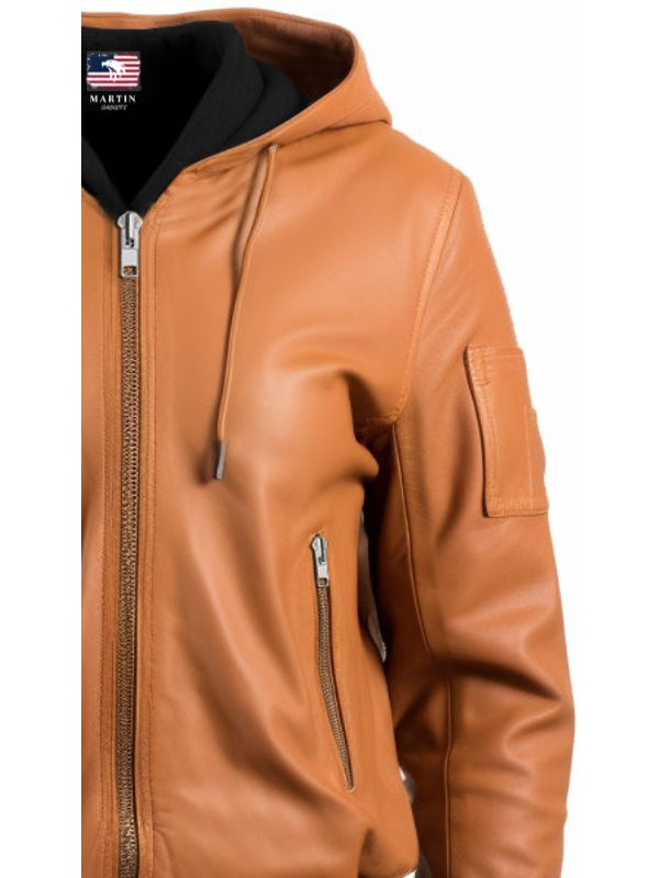 Women's Tan Hooded Leather Bomber Jacket