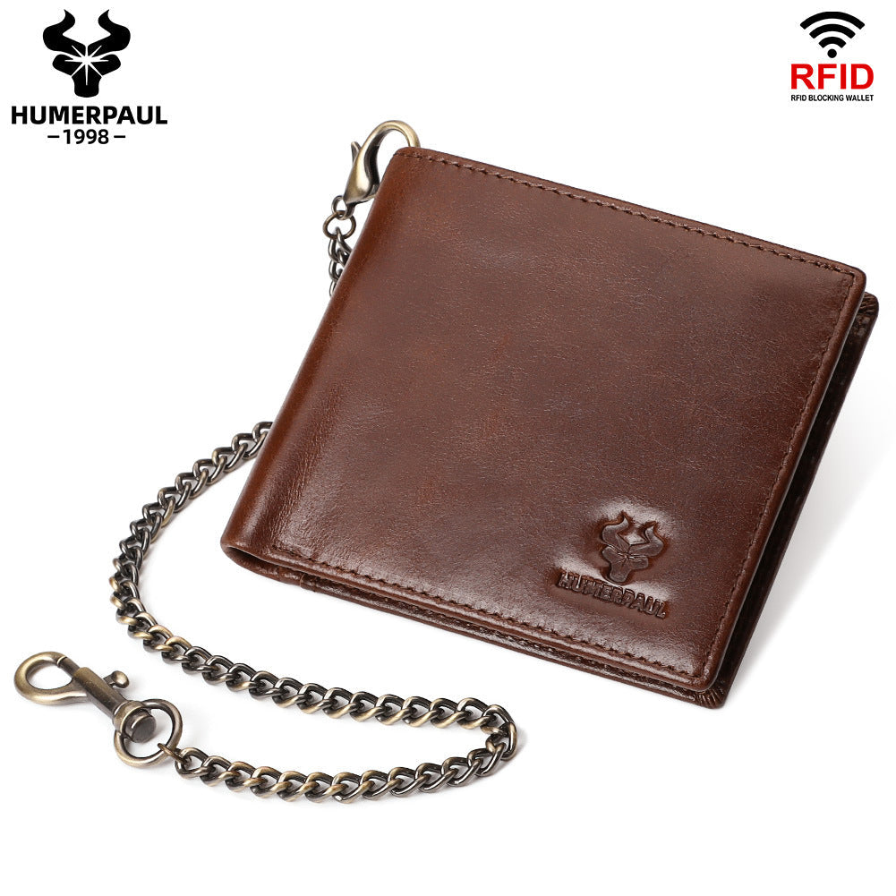First Layer Cowhide Metal Chain Simple Short Men's Wallets