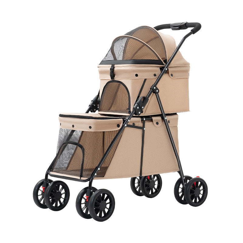 Beige Double-Compartment Pet Stroller