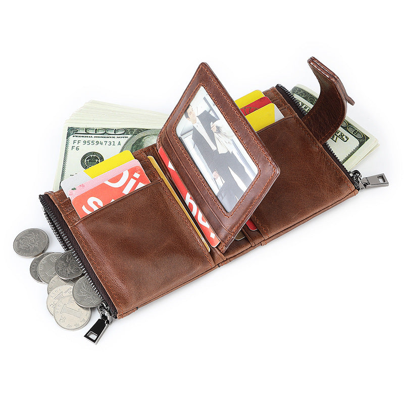 Swiping Zipper Hasp Multiple Slots First Layer Men's Wallets