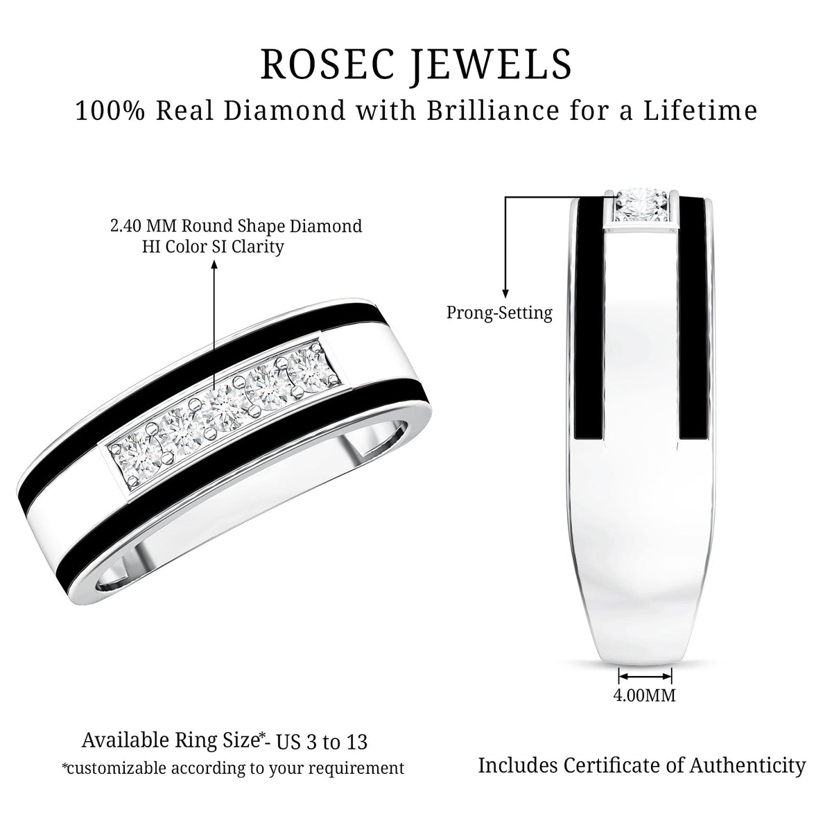 Certified Real Diamond Wedding Band with Black Enamel