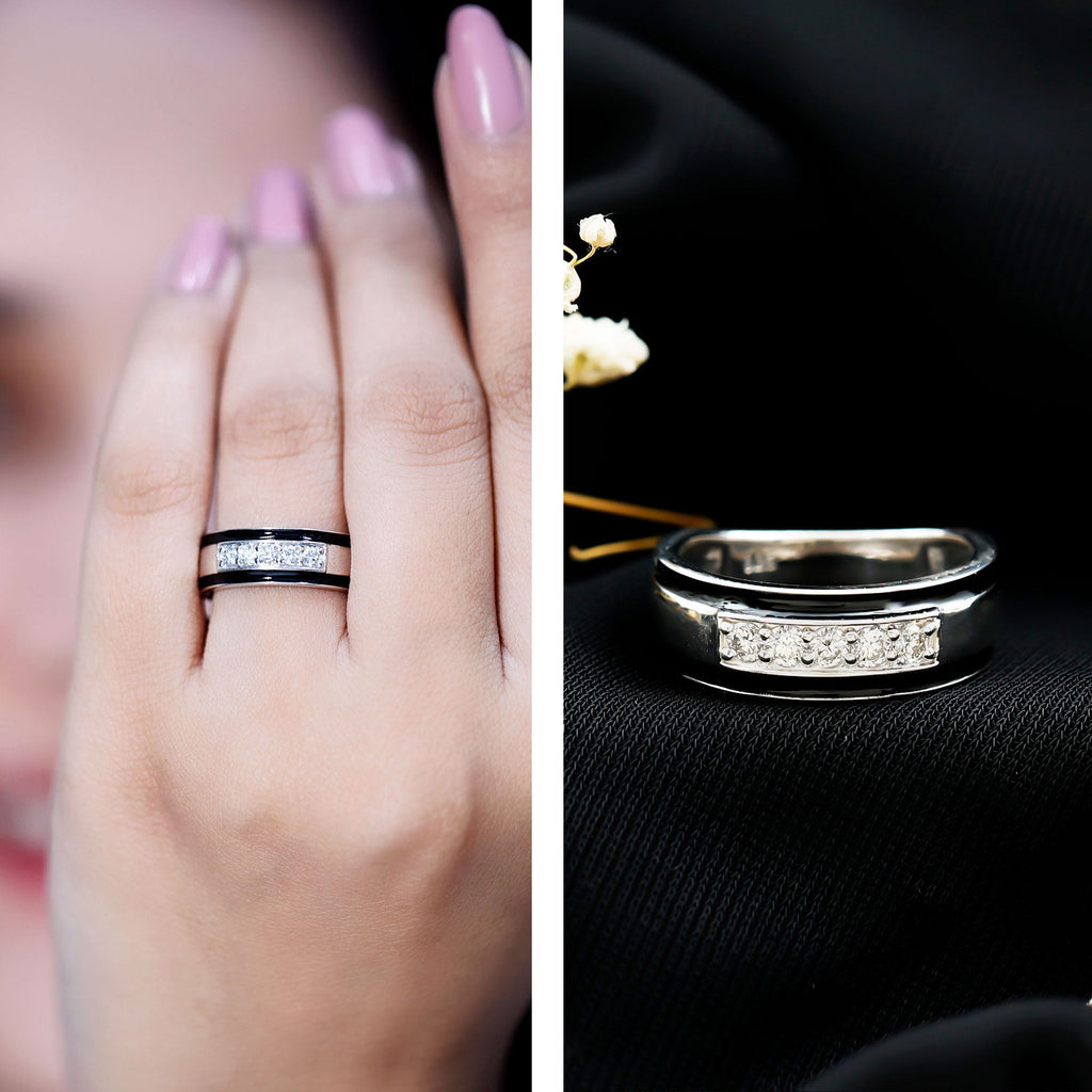 Certified Real Diamond Wedding Band with Black Enamel
