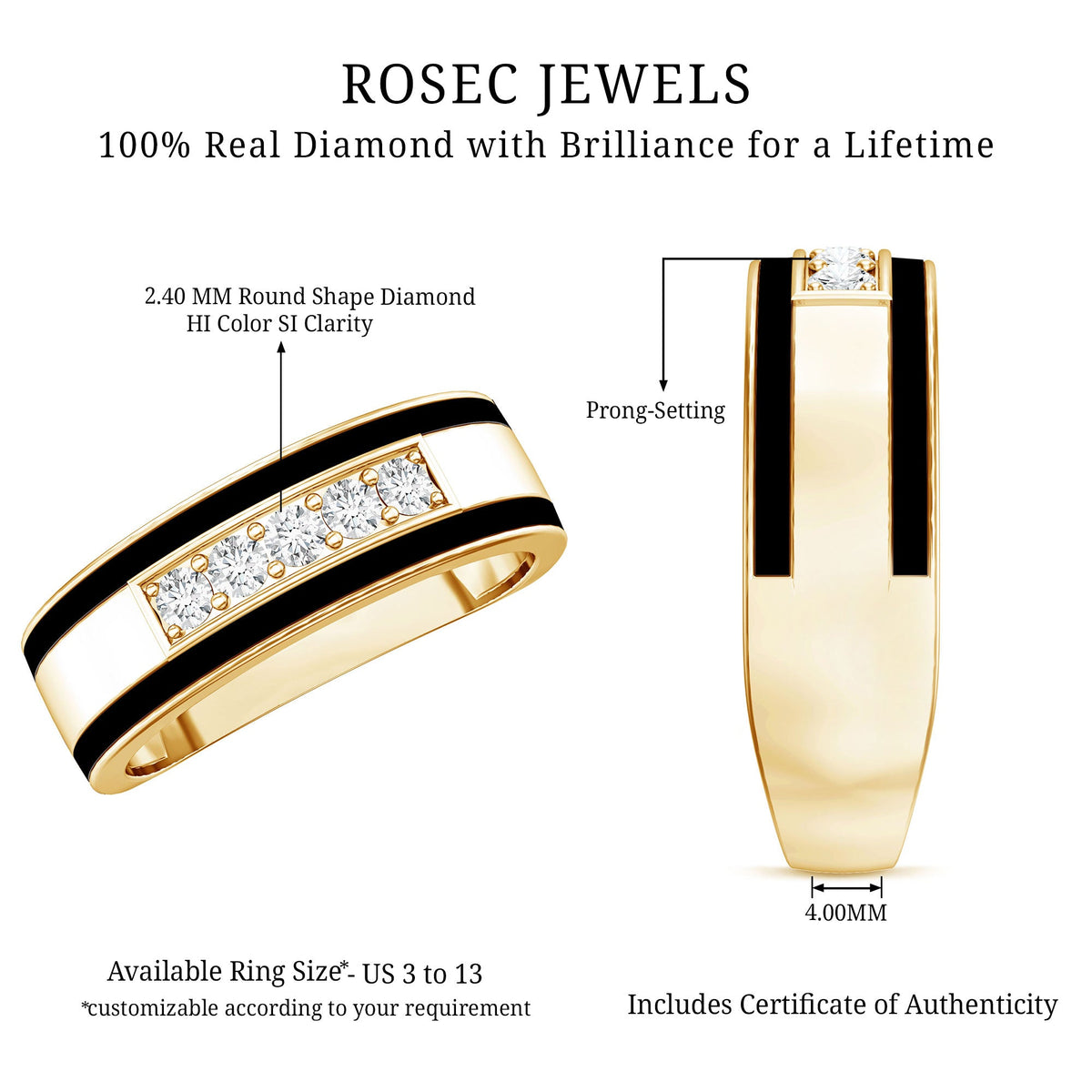 Certified Real Diamond Wedding Band with Black Enamel