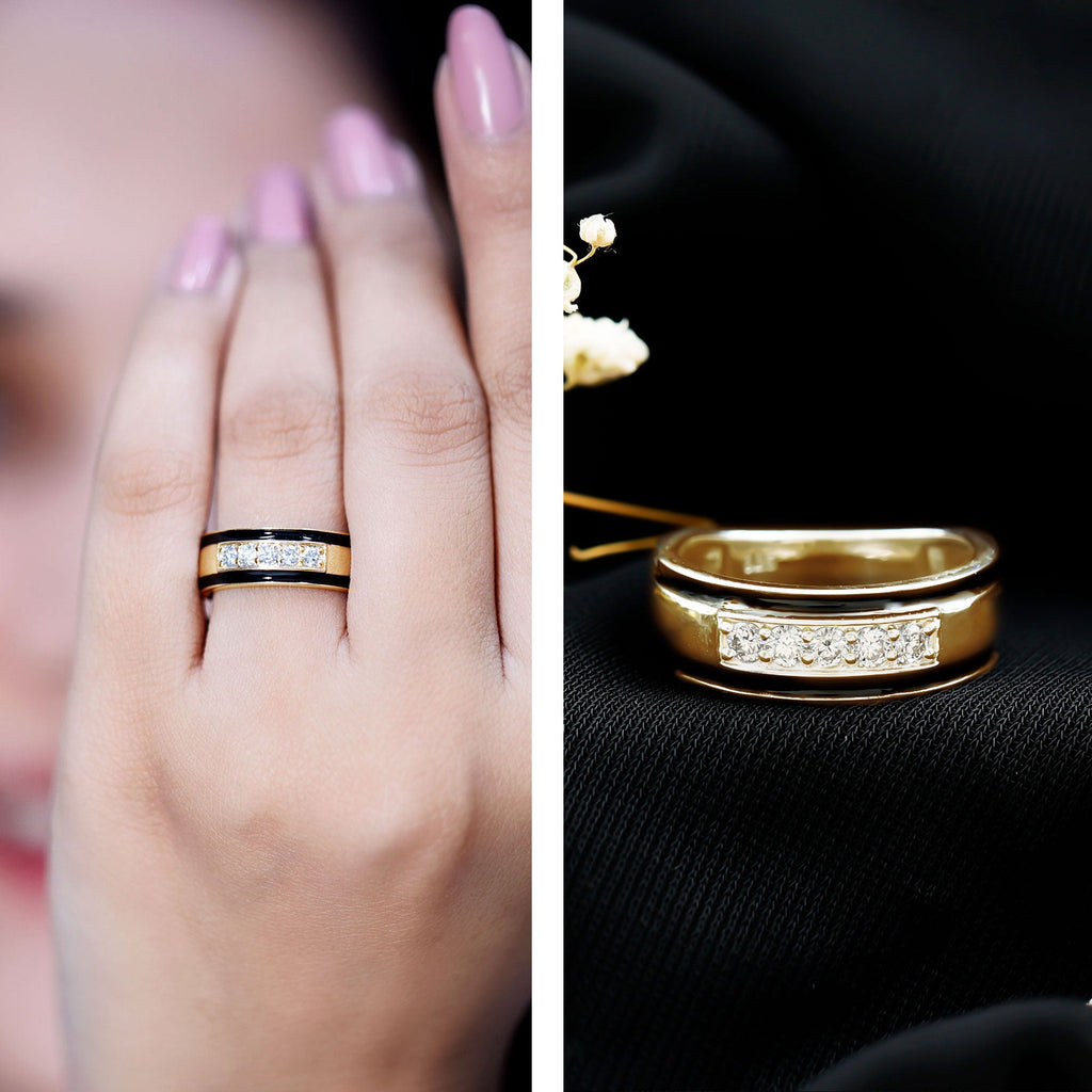 Certified Real Diamond Wedding Band with Black Enamel