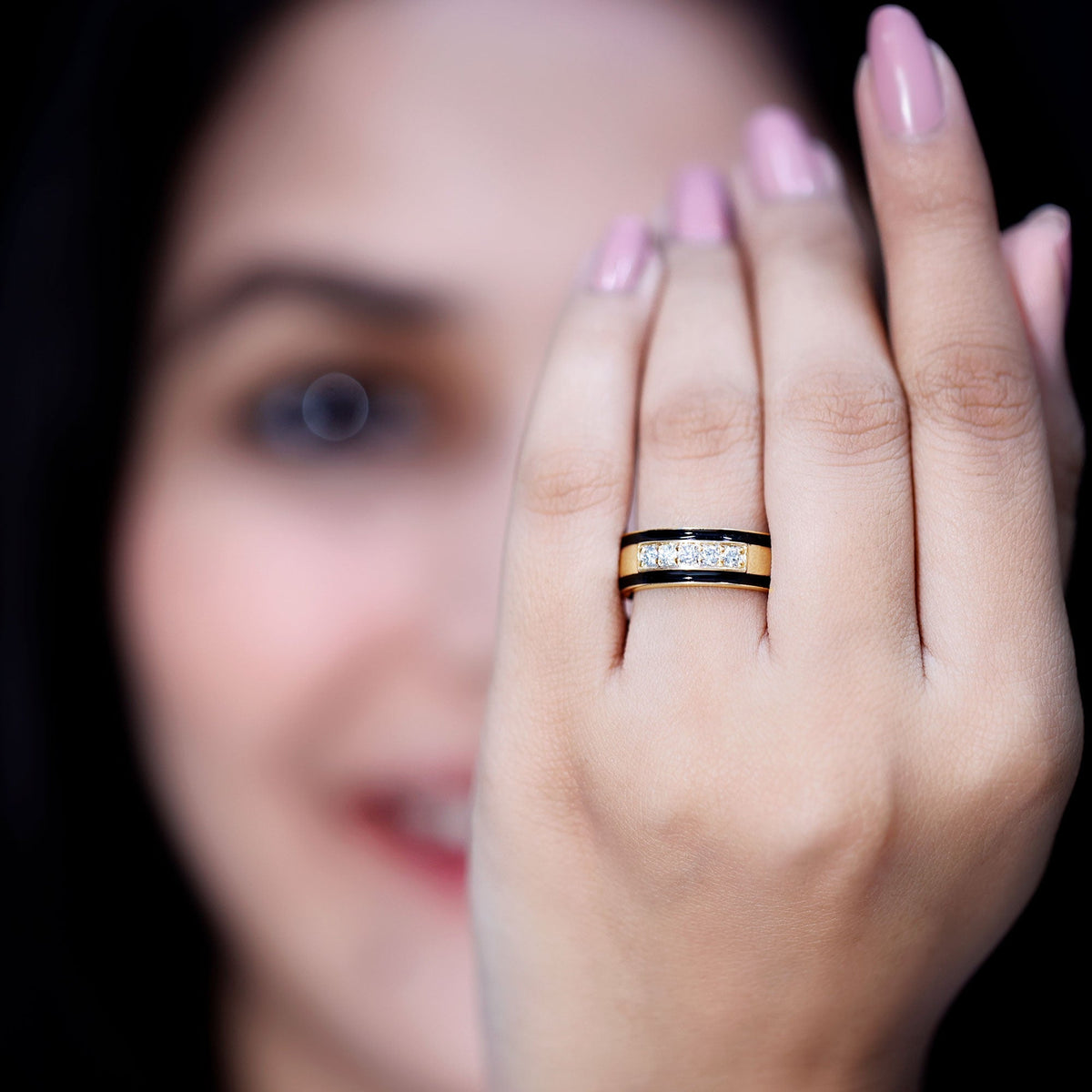 Certified Real Diamond Wedding Band with Black Enamel