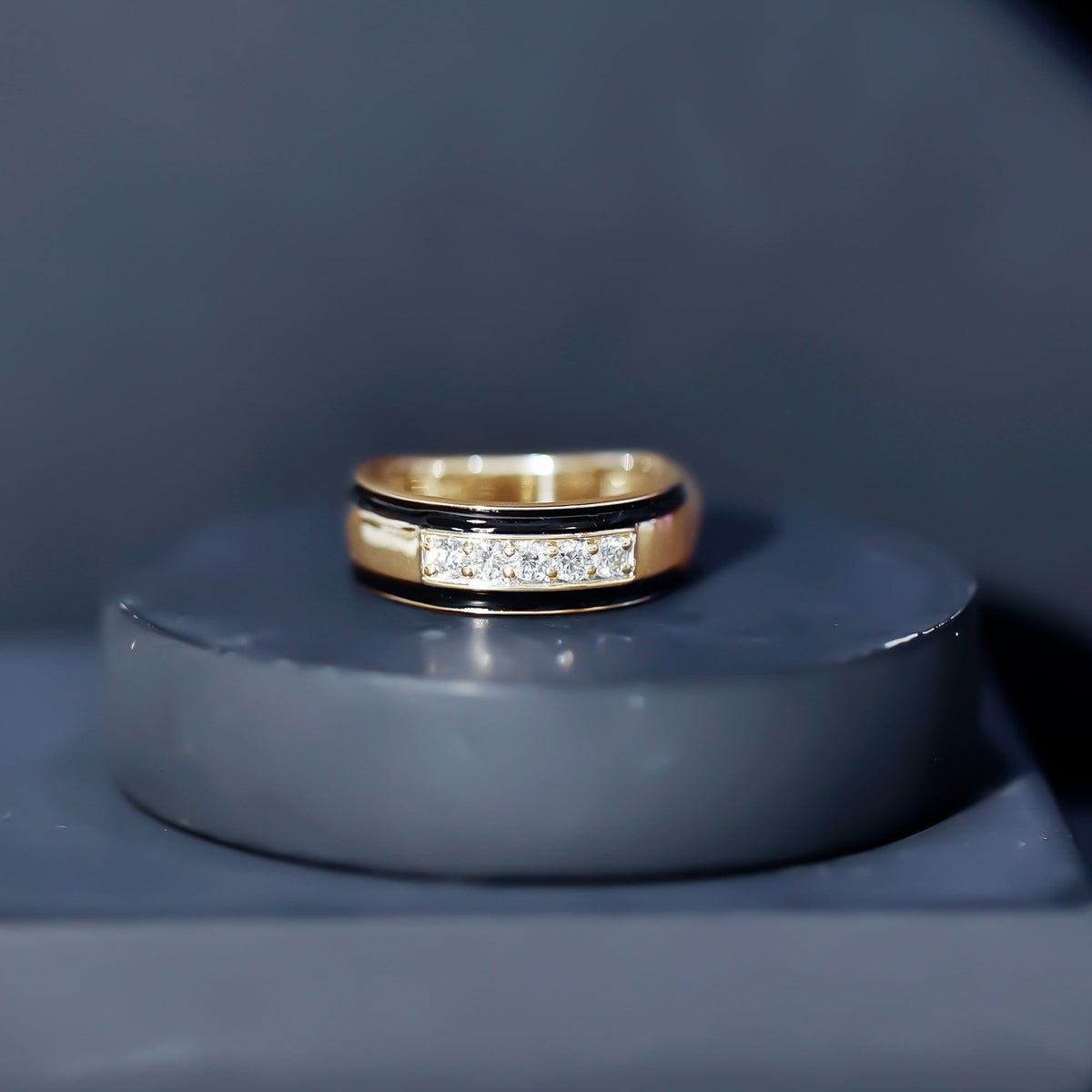 Certified Real Diamond Wedding Band with Black Enamel