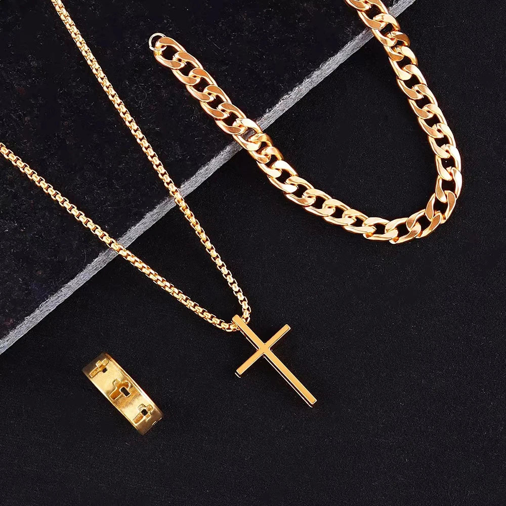 3pcs Set Men's Stainless Steel Metal Cross Pendant Chain Necklace Bracelet Ring Jewelry Set Male Hip Hop Daily Wear Accessories