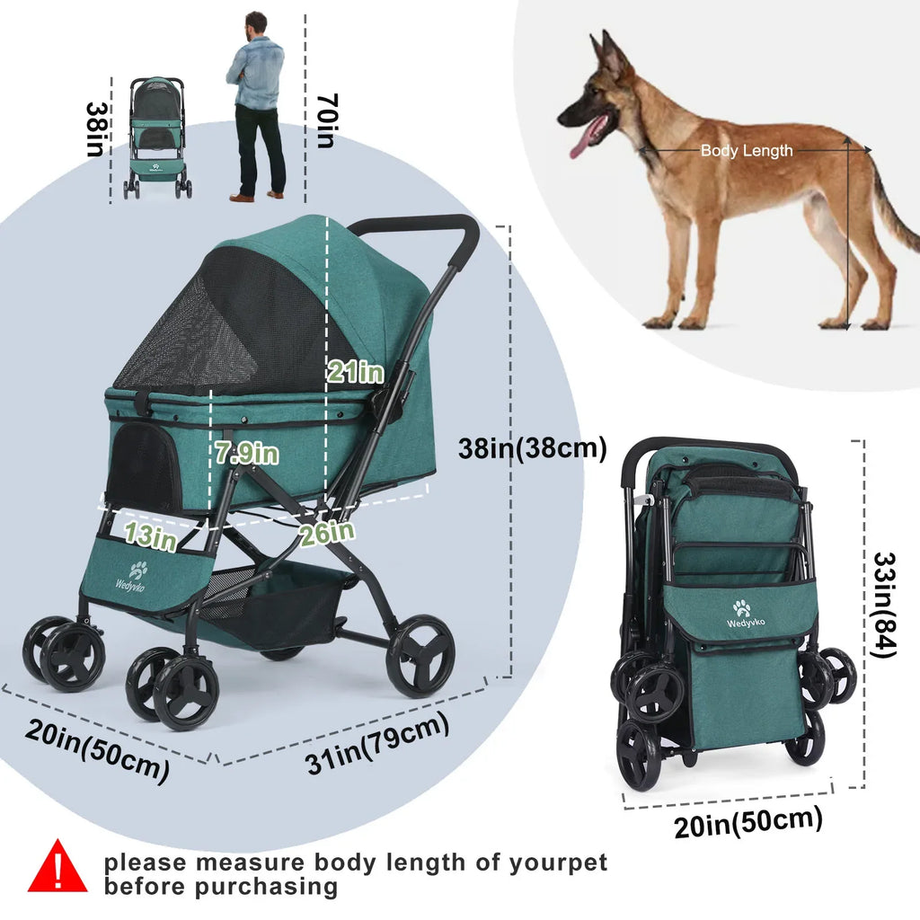 Dog Stroller, Pet Stroller for Medium Dogs Cats, with Dog Poop Bags, Reversible Handlebar, Tethers, Storage Basket and Pouch