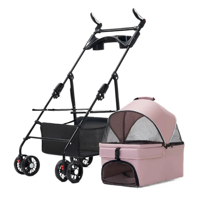 3 in 1 Dog Strollers 4 Wheels Folding Pet Stroller with Detachable Carrier  Breathable Visible Mesh Travel Carriers