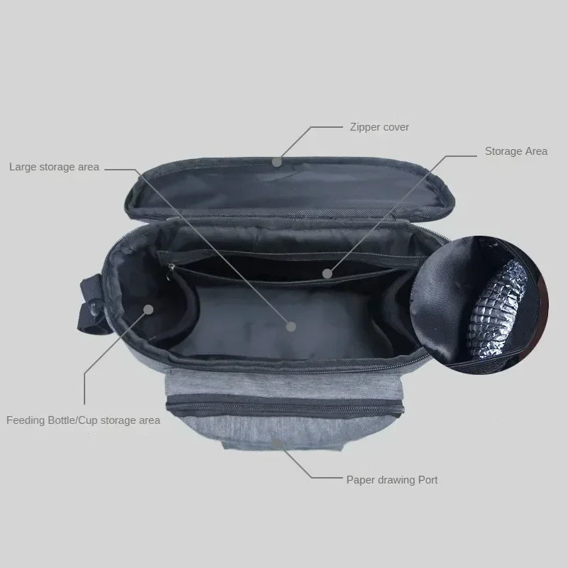 Black Stroller Organizer Bag Large Capacity Hanging Pram Diaper & Bottle Holder with Insulated Cup Holders