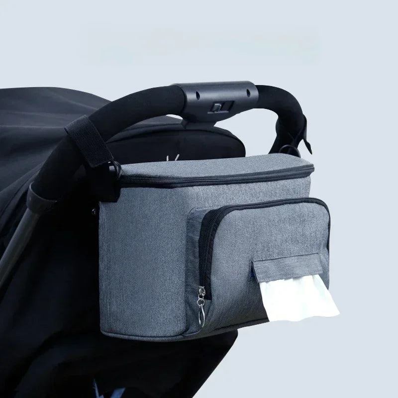 Black Stroller Organizer Bag Large Capacity Hanging Pram Diaper & Bottle Holder with Insulated Cup Holders