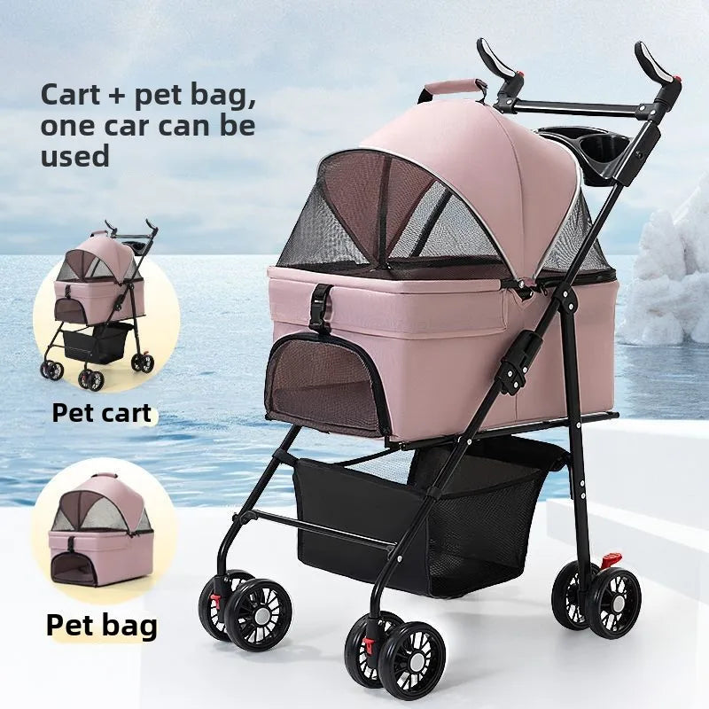 3 in 1 Dog Strollers 4 Wheels Folding Pet Stroller with Detachable Carrier  Breathable Visible Mesh Travel Carriers