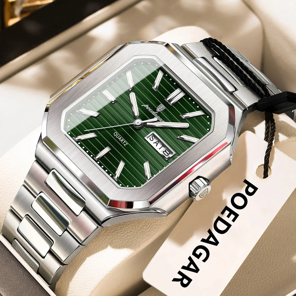 POEDAGAR Square Fashion Man Wristwatch Waterproof Luminous Date Week Quartz Men's Watches Stainless Steel Luxury Men Watch Reloj