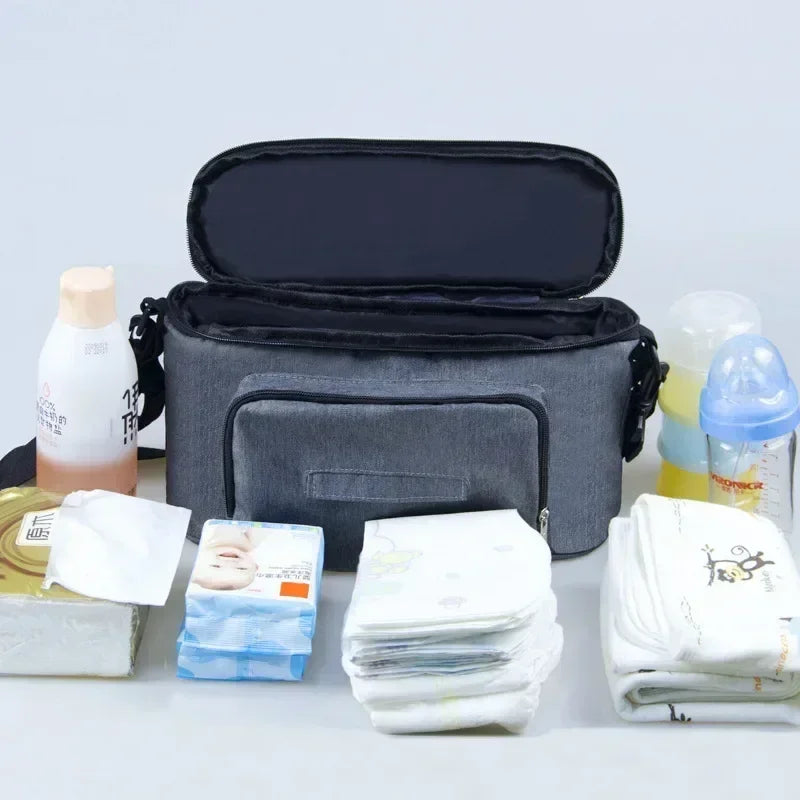 Black Stroller Organizer Bag Large Capacity Hanging Pram Diaper & Bottle Holder with Insulated Cup Holders