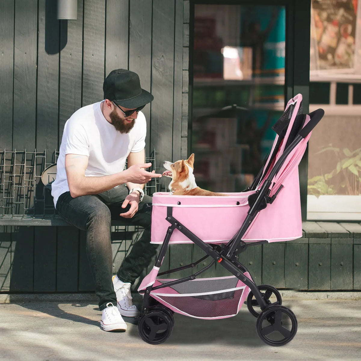 Dog Stroller, Pet Stroller for Medium Dogs Cats, with Dog Poop Bags, Reversible Handlebar, Tethers, Storage Basket and Pouch