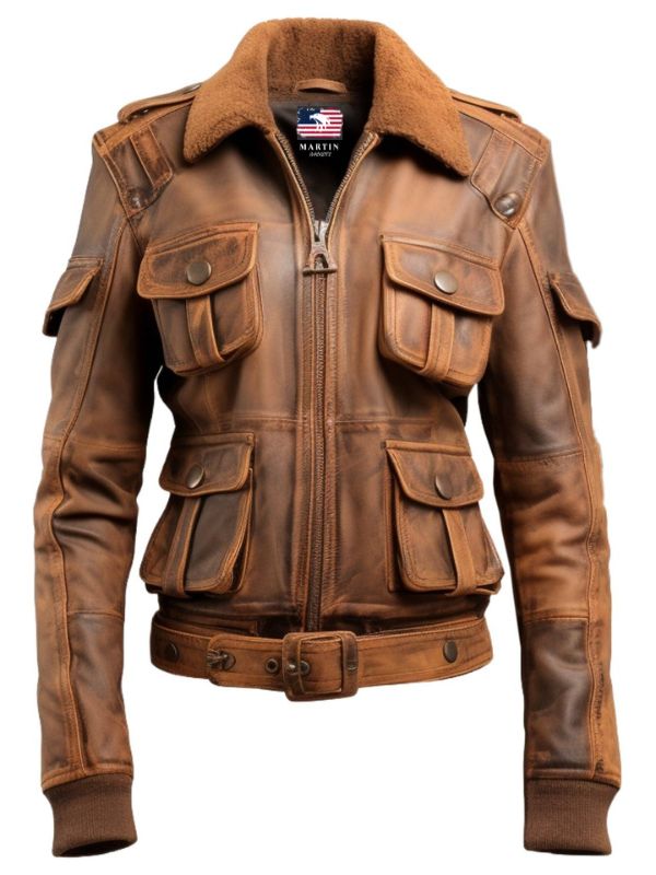 Women's Distressed Brown Leather Utility Jacket