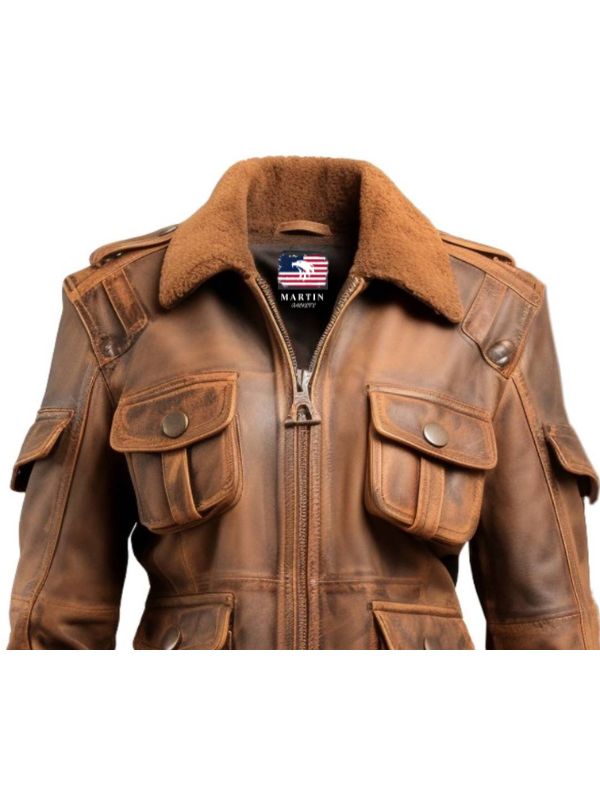 Women's Distressed Brown Leather Utility Jacket