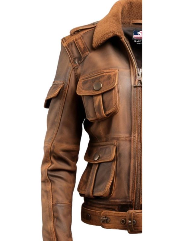 Women's Distressed Brown Leather Utility Jacket