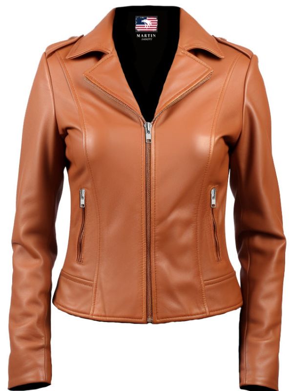 Women's Tan Leather Biker Jacket