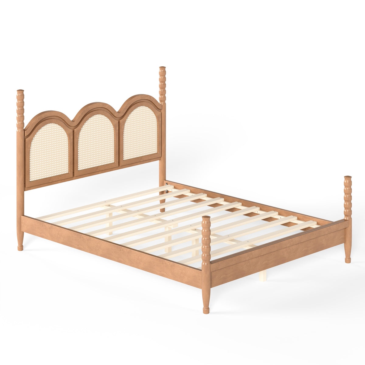Queen Size Platform Bed with Arched Woven Headboard, Four Poster Stylish Wooden Bed Frame, Elegant Curved Headboard Bed Frame For Bedroom,Natural