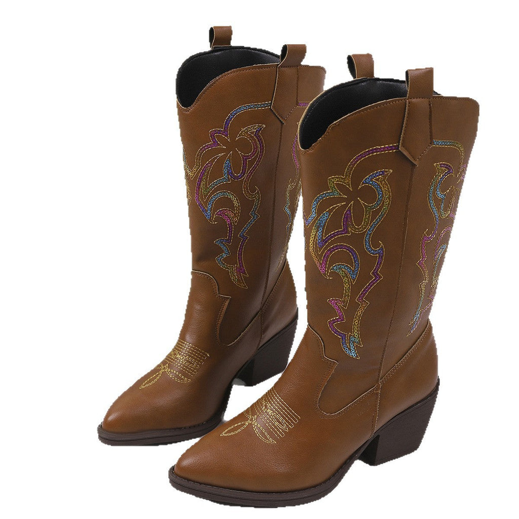 Women’s Embroidered Pointed Toe Chunky Heel Cowboy Boots | Western Mid-Calf Knight Boots