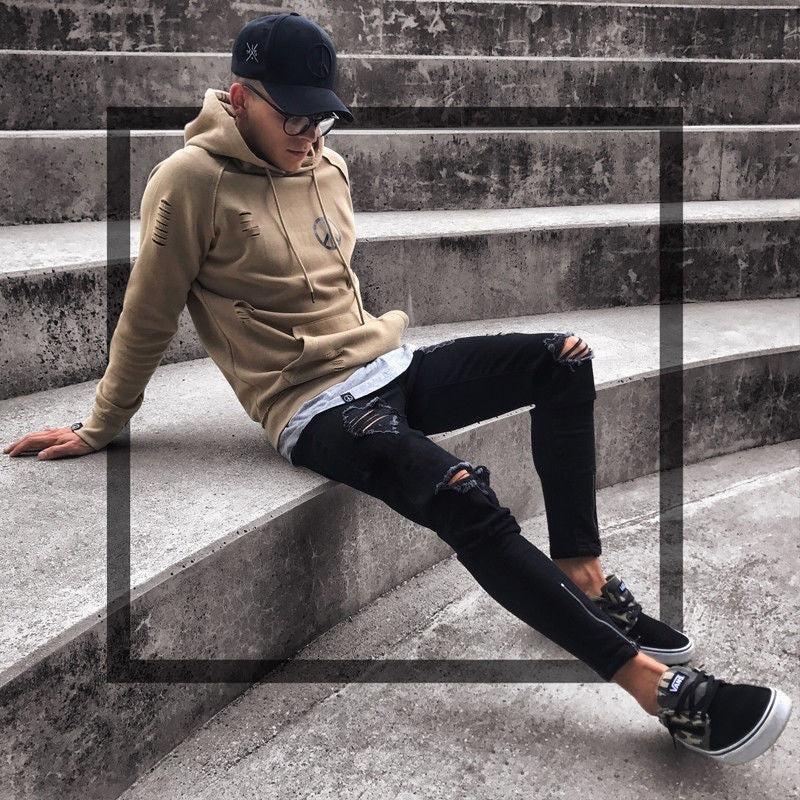 Cross-border Jeans Men's Wish New Black Ripped Stretch Zipper Men's Skinny Pants European And American Fashion