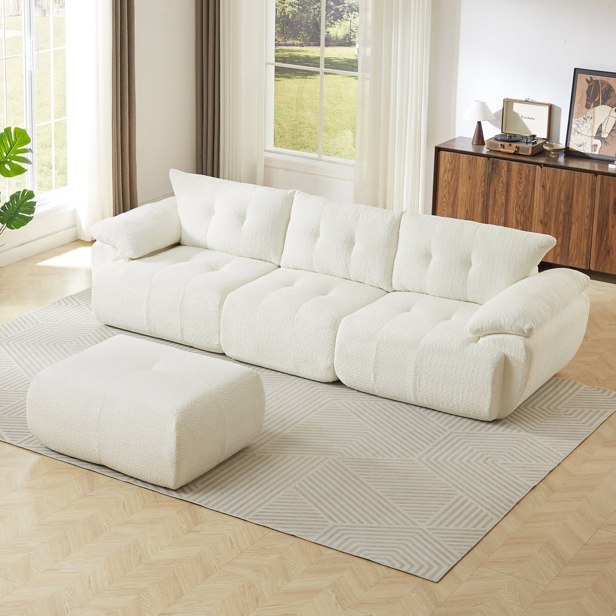 115'' Large Modern 3-Seater Sofa with Curved Horn Backrest - Beige, Green, or Black