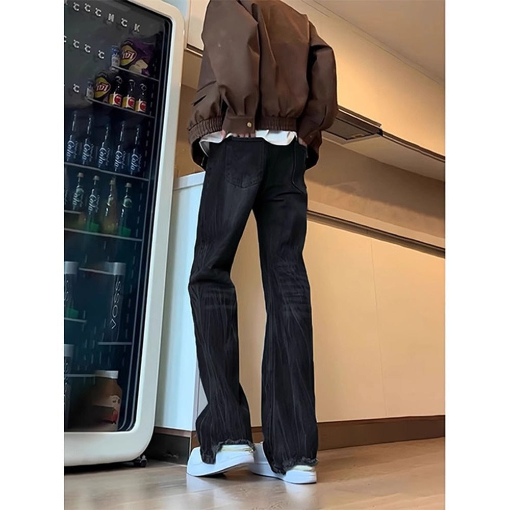 Mens Washed Straight-Slit Denim Jeans