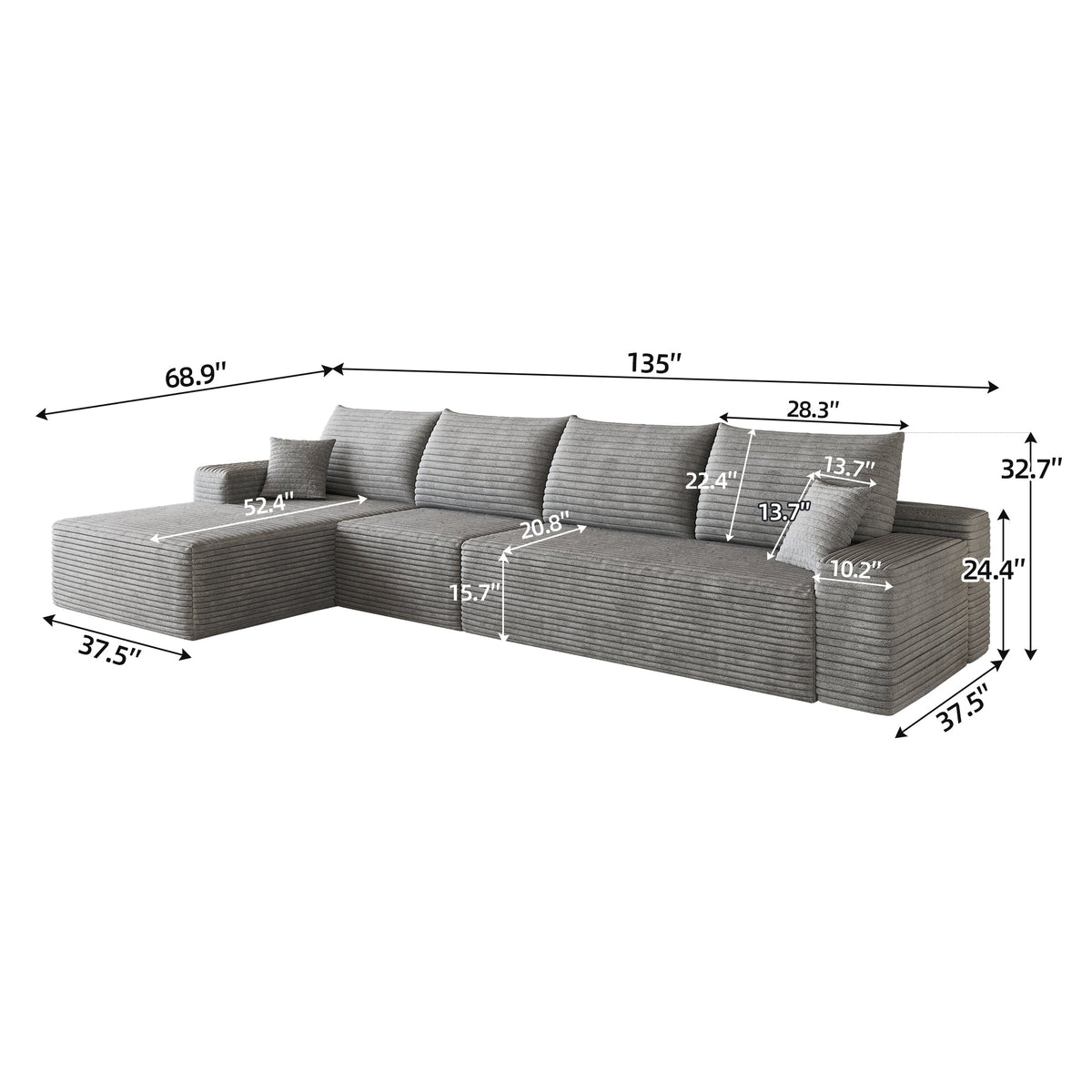 135" Cloud Sectional Couch with L-Shape Chaise in Plush Corduroy