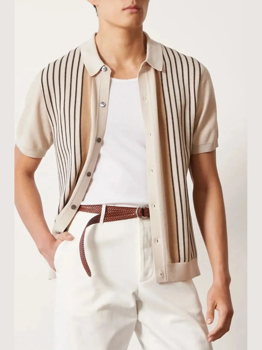 Men's Full Size Striped Button-Up Short Sleeve Shirt