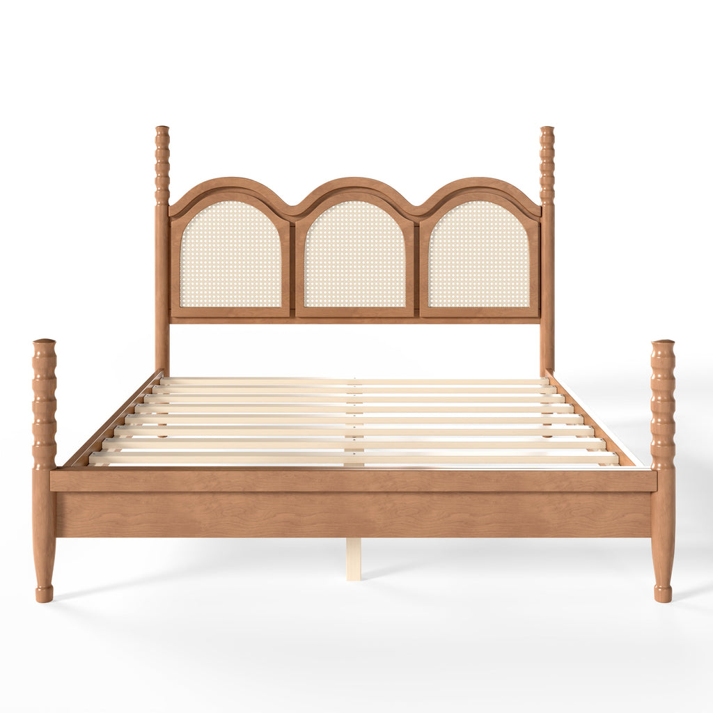 Queen Size Platform Bed with Arched Woven Headboard, Four Poster Stylish Wooden Bed Frame, Elegant Curved Headboard Bed Frame For Bedroom,Natural
