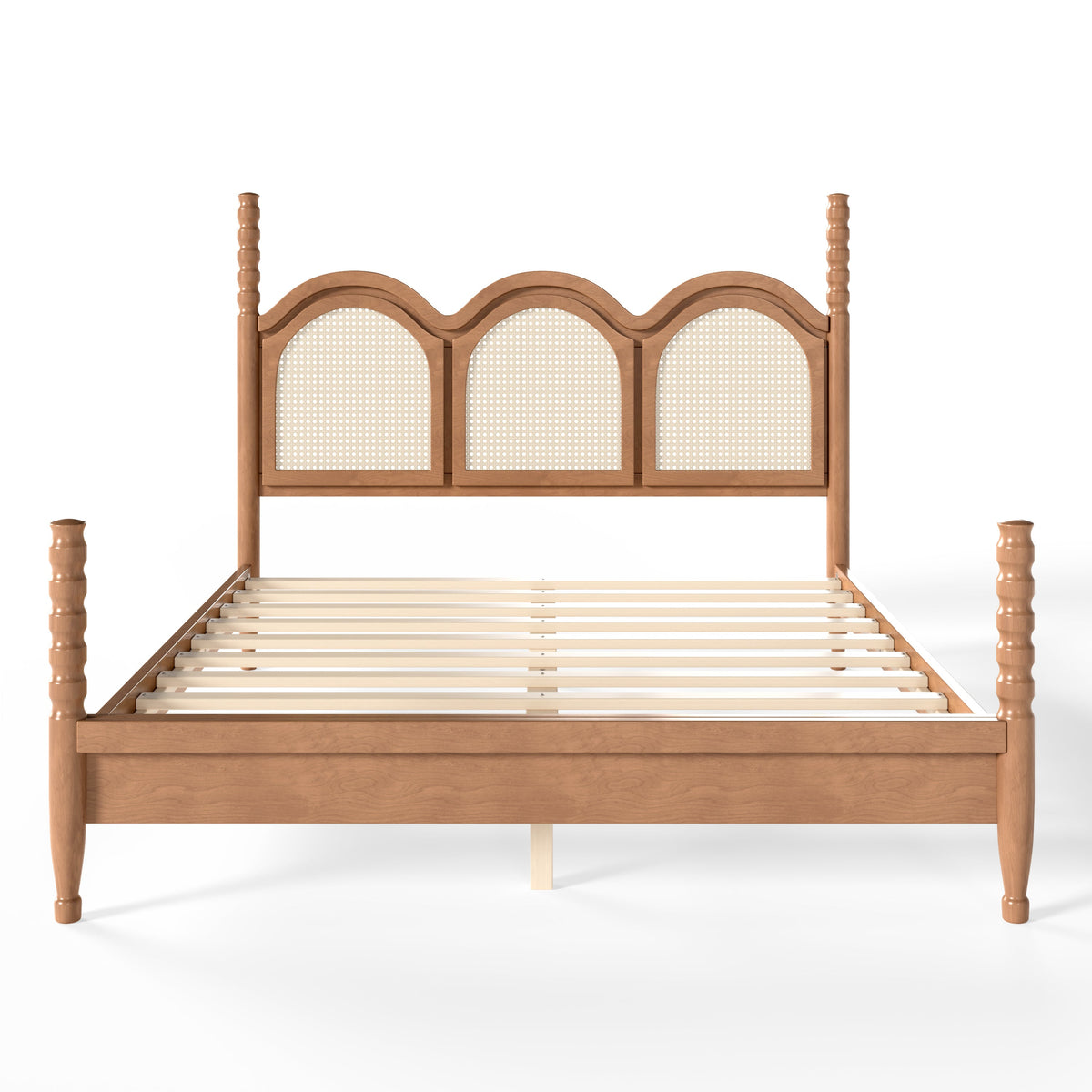 Queen Size Platform Bed with Arched Woven Headboard, Four Poster Stylish Wooden Bed Frame, Elegant Curved Headboard Bed Frame For Bedroom,Natural