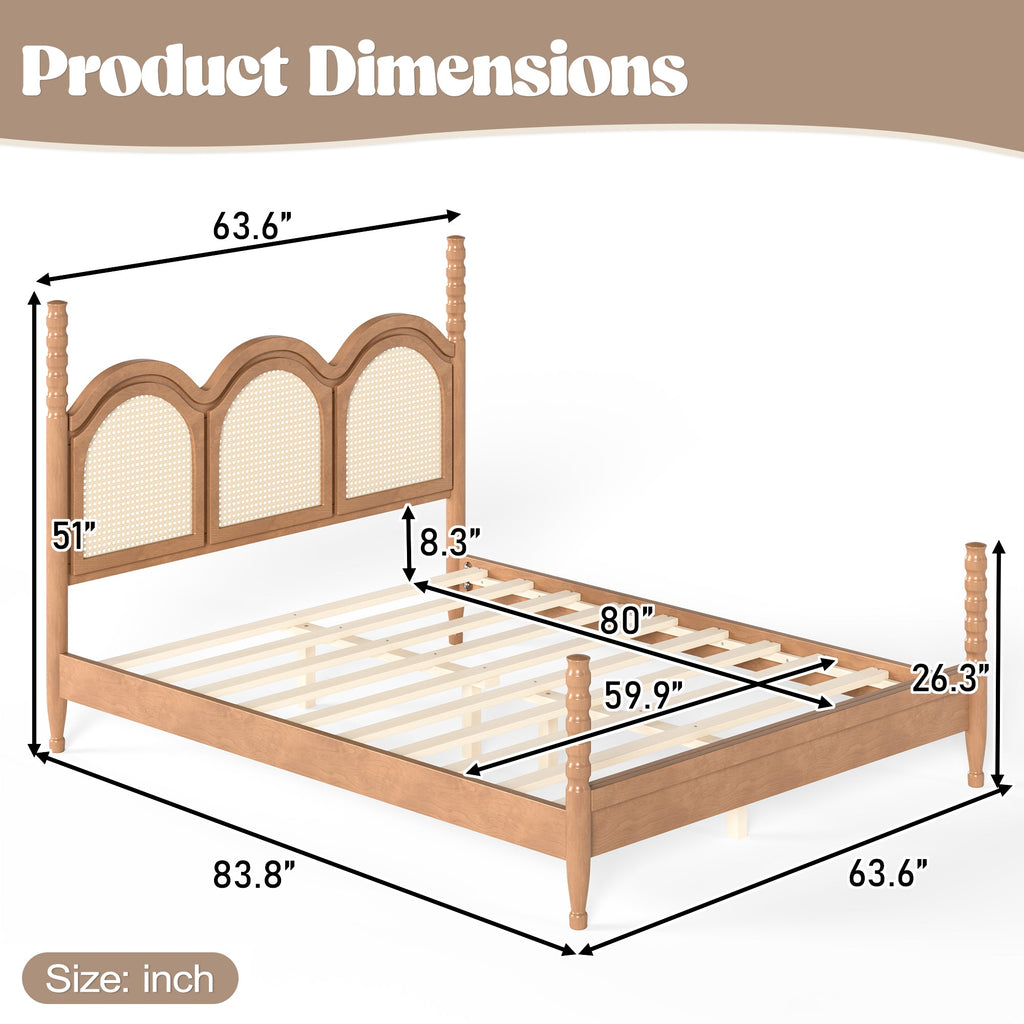 Queen Size Platform Bed with Arched Woven Headboard, Four Poster Stylish Wooden Bed Frame, Elegant Curved Headboard Bed Frame For Bedroom,Natural
