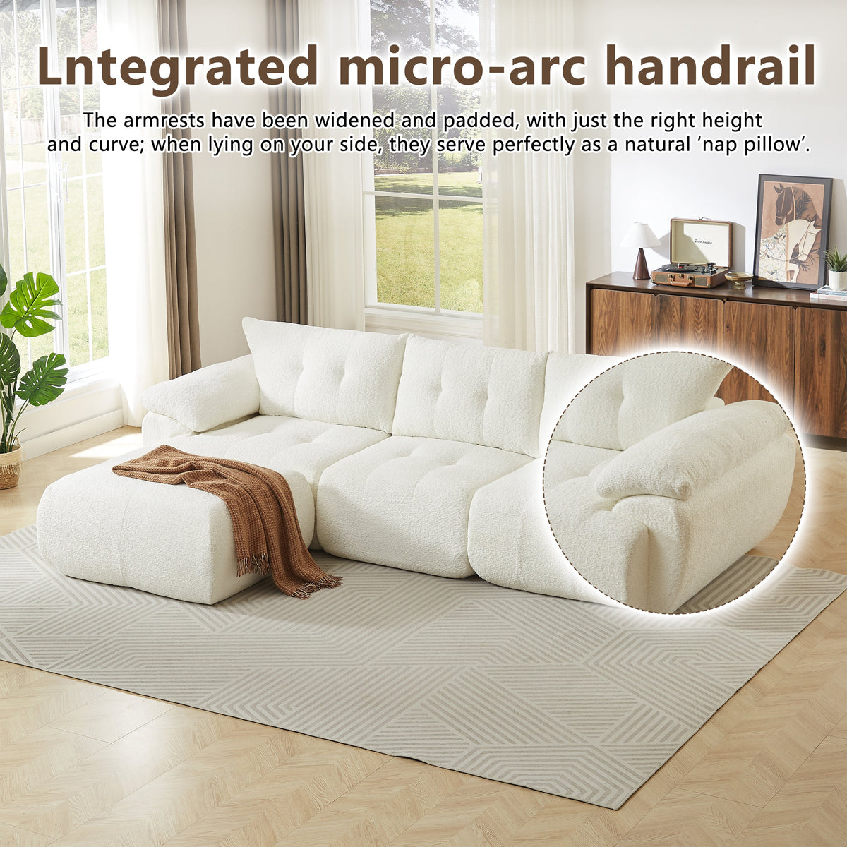 115'' Large Modern 3-Seater Sofa with Curved Horn Backrest - Beige, Green, or Black