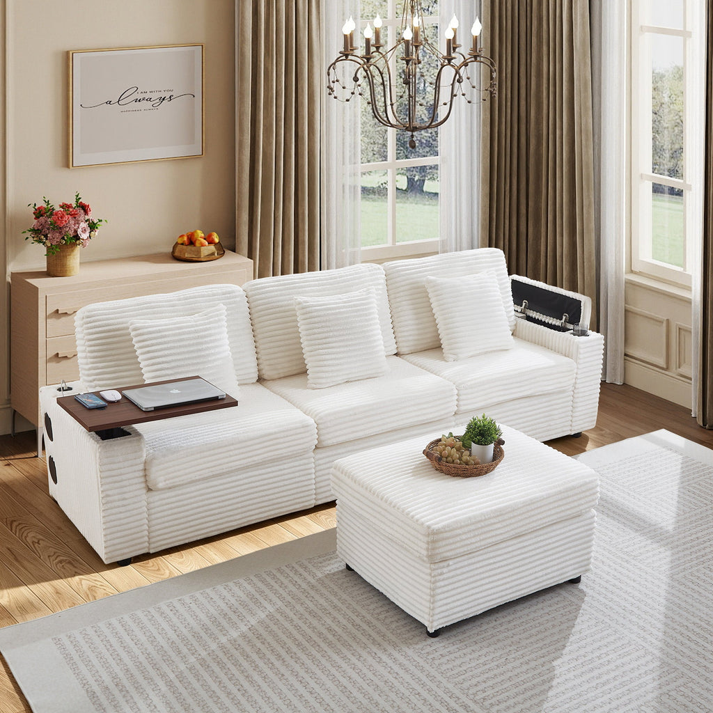 Oversized Modular Sectional Couch,Corduroy Sofa with  Cup Holders, USB Port,Storage Space and Bluetooth Speaker for Living room and Bedroom
