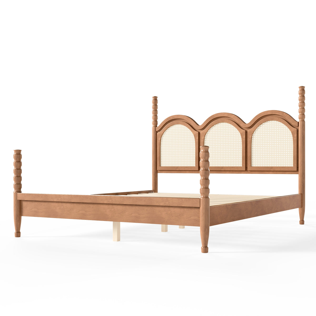 Queen Size Platform Bed with Arched Woven Headboard, Four Poster Stylish Wooden Bed Frame, Elegant Curved Headboard Bed Frame For Bedroom,Natural
